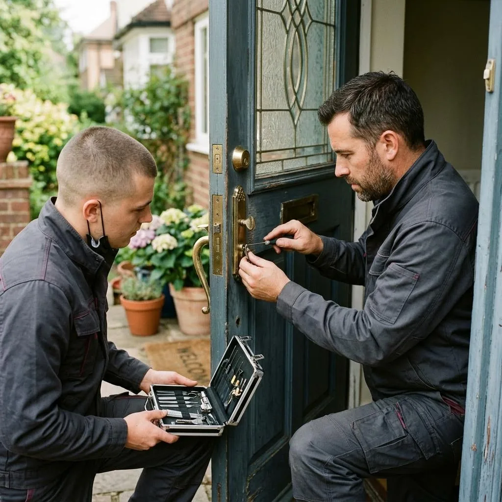 Illustrative photo of two locksmith technicians working on a residential door lock
